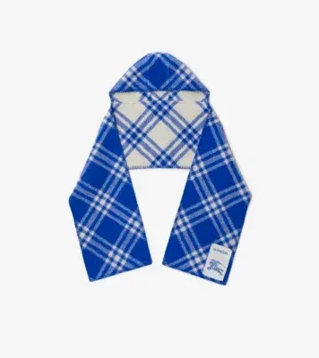 Check Wool Hooded Scarf in Knight blue
