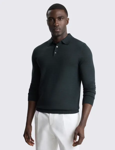 Moss Merino Wool Rich Knitted Polo Shirt Dark Teal