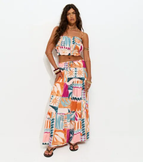 Women's Multicolour Crepe Tropical Print Tiered Midi Skirt