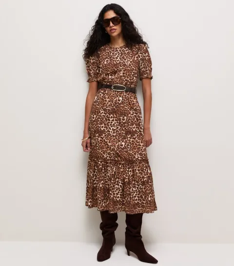 Women's Brown Crepe Leopard Print Short Sleeve Midi Dress