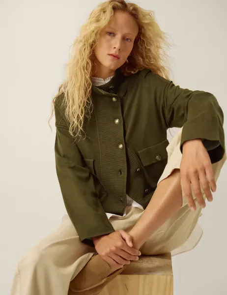 Monsoon Funnel Neck Bomber Cardigan Khaki