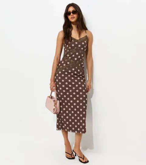 Women's Brown Spot Print Lace Trim Mesh Midi Dress