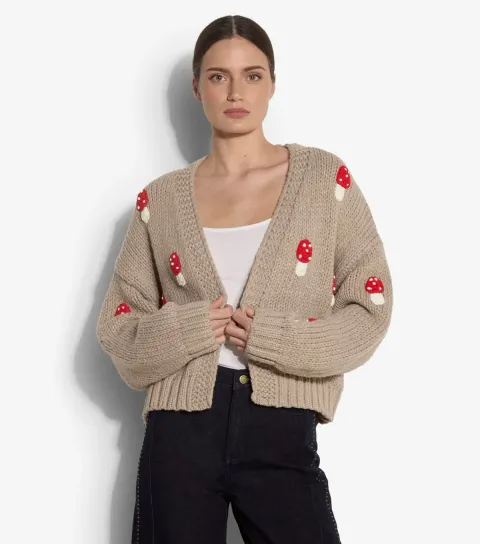 Apricot Women's Stone Mushroom Embroidered Knit Open Front Cardigan