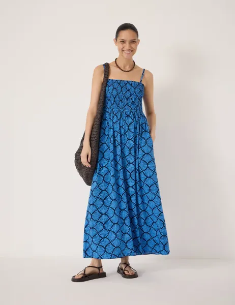 HUSH Geometric Square Neck Maxi Shirred Dress Blue Mix