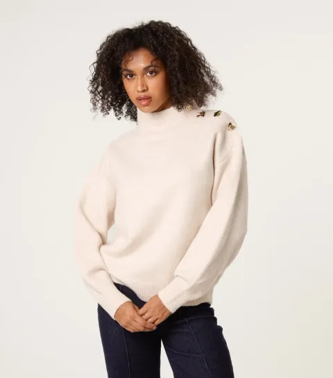 Women's Stone High Neck Button Detail Jumper