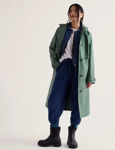 Seasalt Cornwall Pure Cotton Waterproof Relaxed Trench Coat Green
