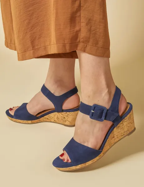 Jones Bootmaker Suede Ankle Strap Wedge Sandals Navy