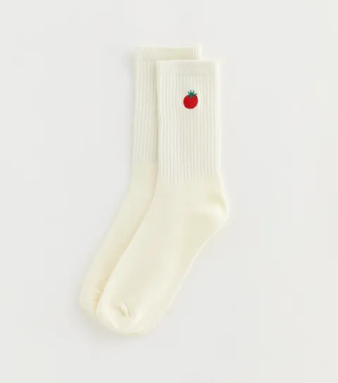 White Embroidered Tomato Ribbed Tube Socks