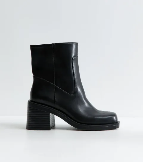 New Look Women's Black Faux Leather Square Toe Boots Vegan