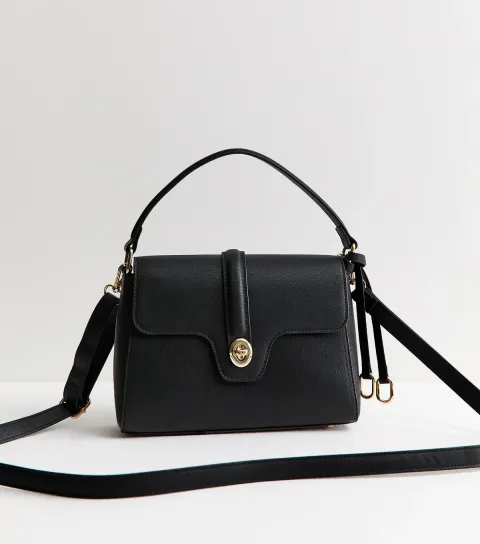 Black Top Handle Front Clasp Crossbody Bag Vegan