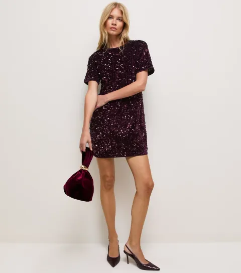 New Look Women's Dark Burgundy Velvet Sequin Relaxed T-Shirt Mini Dress