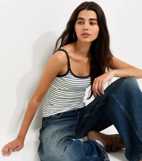 Women's White Cotton Rich Striped Daisy Trim Cami Top
