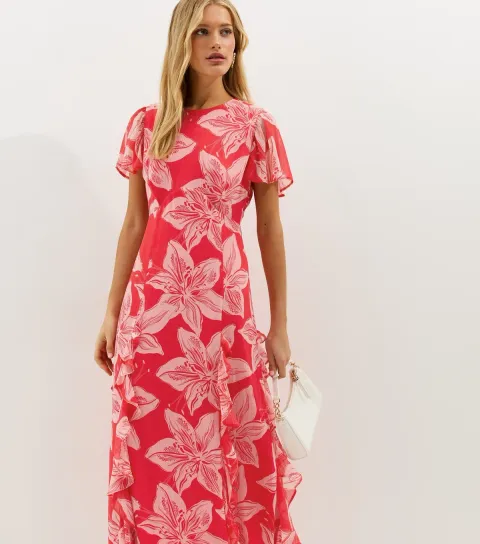 Women's Red and Pink Orchid Godet Chiffon Midi Dress
