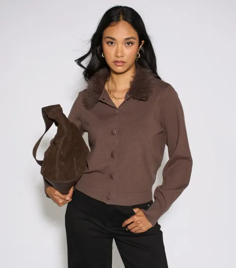Women's Brown Faux Fur Trim Cardigan