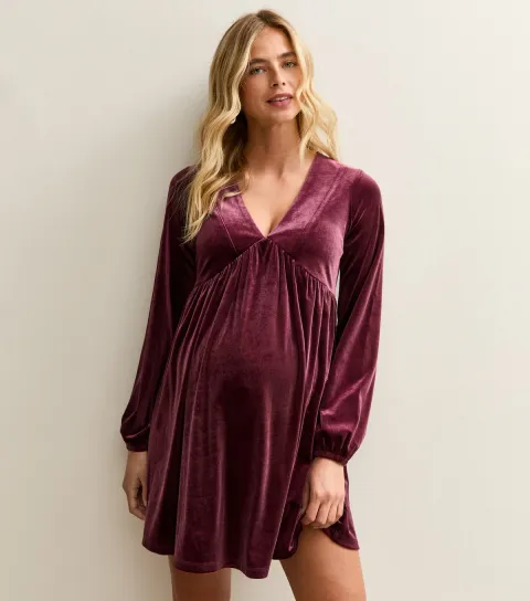 Women's Maternity Burgundy Velvet Long Sleeve Mini Dress
