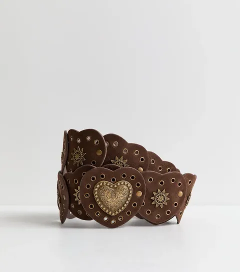 New Look Dark Brown Faux Leather Heart Disc Belt