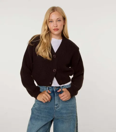 Pink Vanilla Women's Dark Brown Cropped Button Front Cardigan