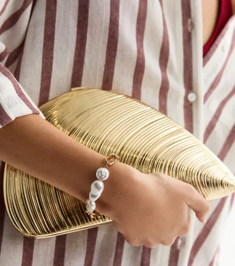 Gold Tone Sculptural Faux Pearl Embellished Bracelet