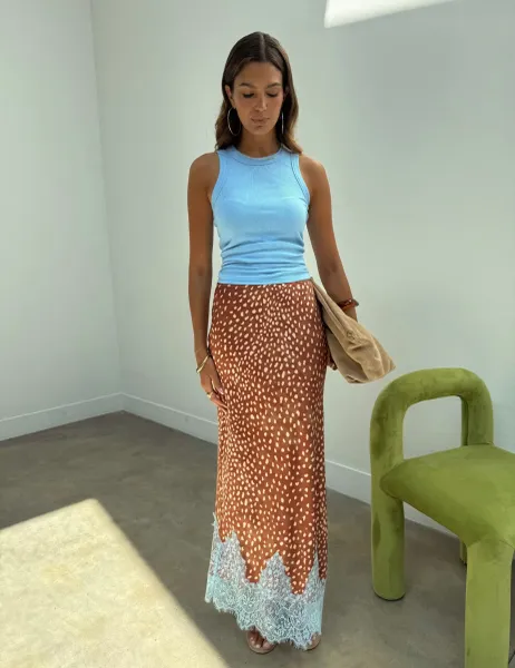 Deer Print Lace Detail Midaxi Slip Skirt Brown Mix