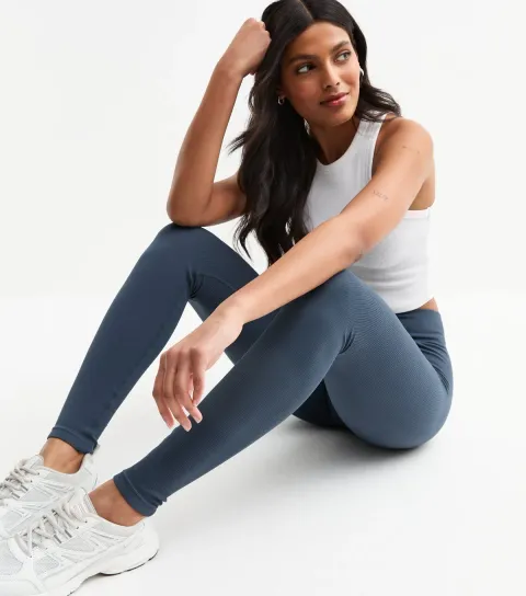 New Look Women's Blue Ribbed Seamless Leggings