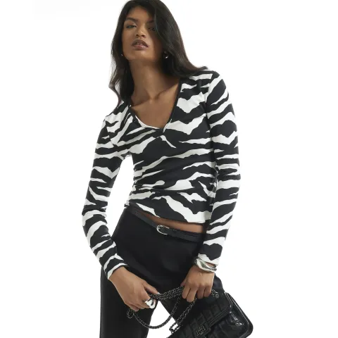 River Island Zebra V Neck Long Sleeve Top