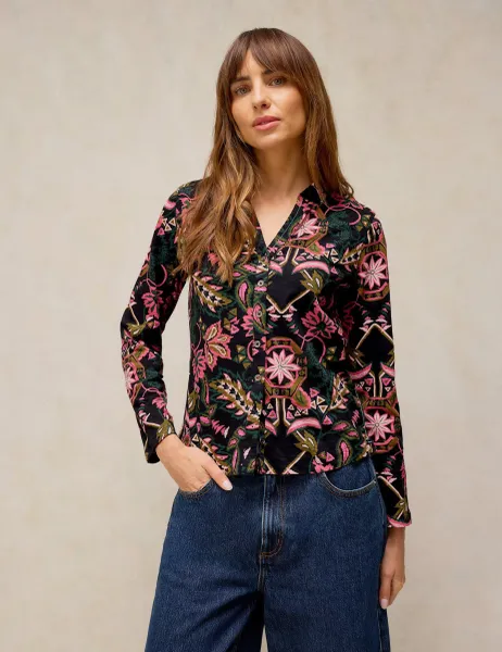 White Stuff Pure Cotton Printed Collared Shirt Black Mix