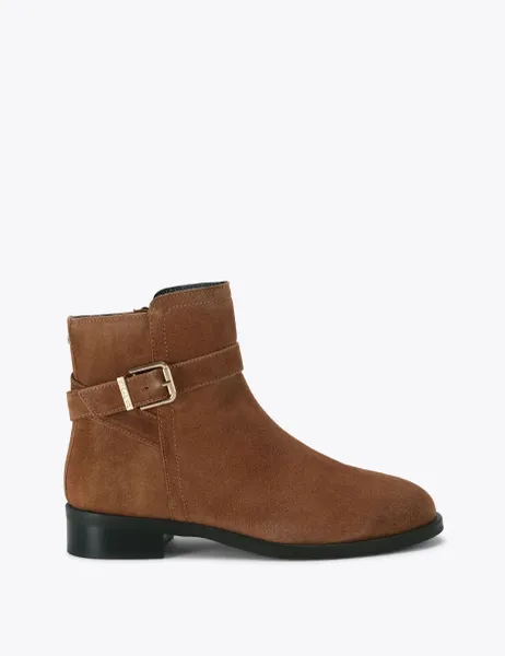 Suede Buckle Flat Ankle Boots Tan