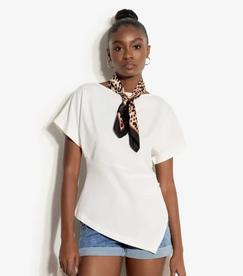 Women's White Cotton Asymmetric Gathered Side T-Shirt