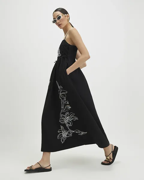 River Island Cotton Broderie Tie Side Midi Dress