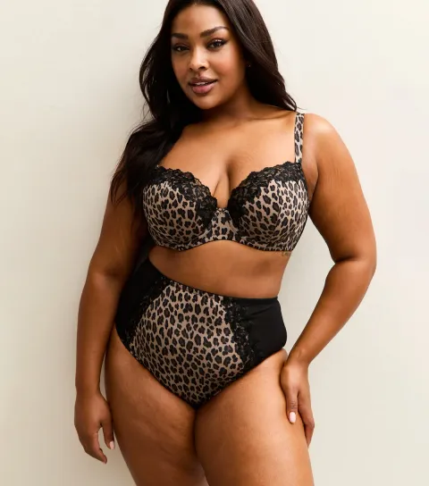 Women's Plus Size Black Leopard Print Embroidered Trim Briefs Curves