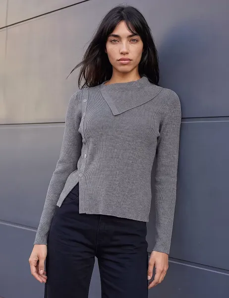 Roman Rayon Blend Open Neck Button Detail Jumper Grey Mix