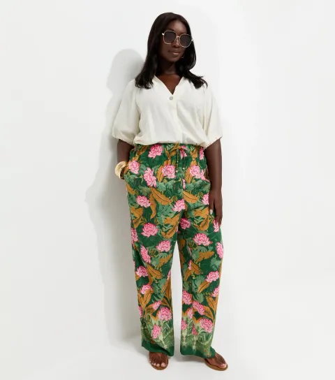 Women's Plus Size Green Palm Goya Wide Leg Trousers Curves