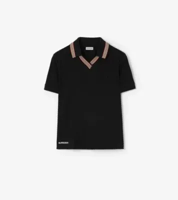 Icon Stripe Stretch Cotton Polo Shirt in Black