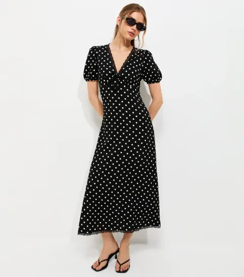 Women's Black Polka Dot Lave Trim Short Sleeve Midi Dress