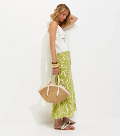 Women's Light Green Crepe Sketch Floral Bias Cut Midi Skirt