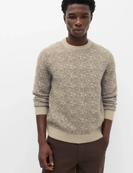 Marks & Spencer Lofty Patterned Crew Neck Jumper with Wool Neutral