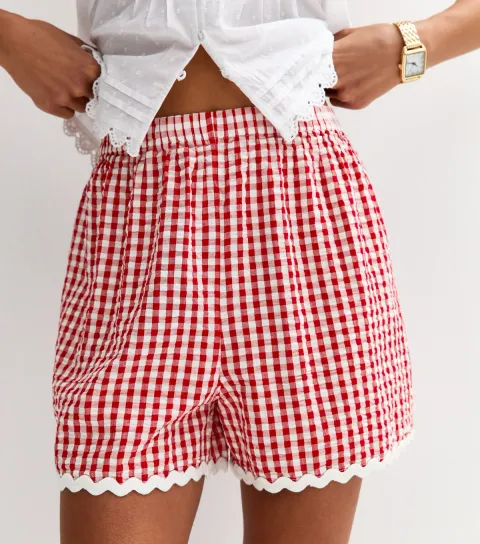 Women's Red Gingham Scalloped Edge Shorts