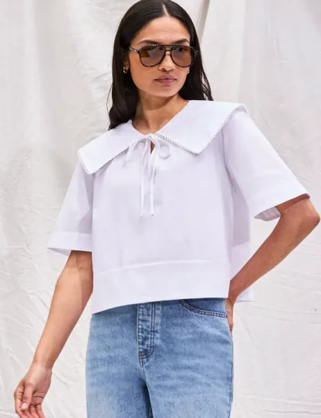 RO&ZO Pure Cotton Oversized Collared Tie Neck Top White