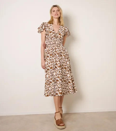 Women's Light Brown Abstract Print Midi Dress