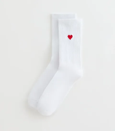 White Embroidered Heart Tube Sock