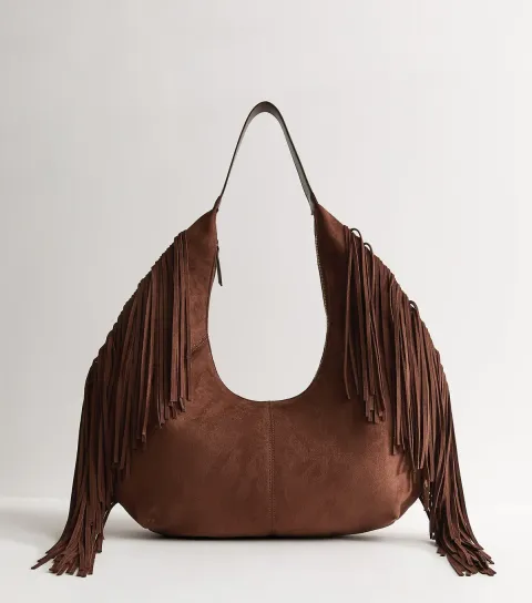 Dark Brown Faux Suede Fringed Slouchy Shoulder Bag