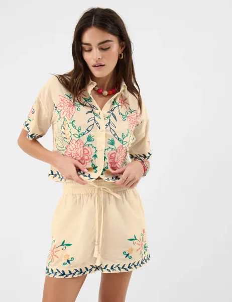 Accessorize Pure Cotton Embroidered Drawstring Shorts Multi