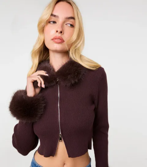 Pink Vanilla Women's Dark Brown Faux Fur Trim Zip Front Cardigan