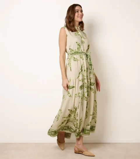 Women's Green Leaf Print Sleeveless Midi Dress