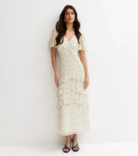 Women's Cream Polka Dot Chiffon Tiered Maxi Dress