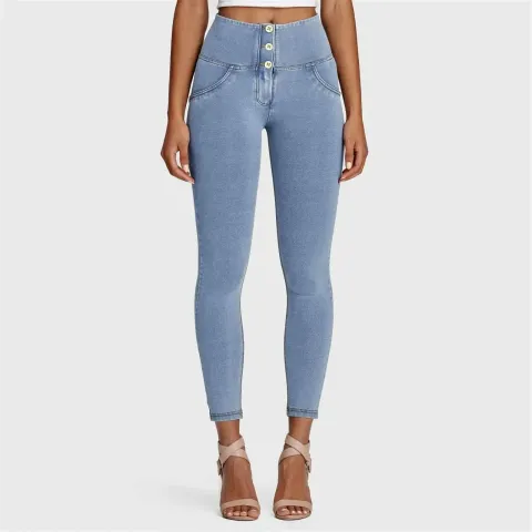 Freddy WRUP Denim - 3 Button High Waisted - 7/8 Length - Light Blue + Yellow Stitching