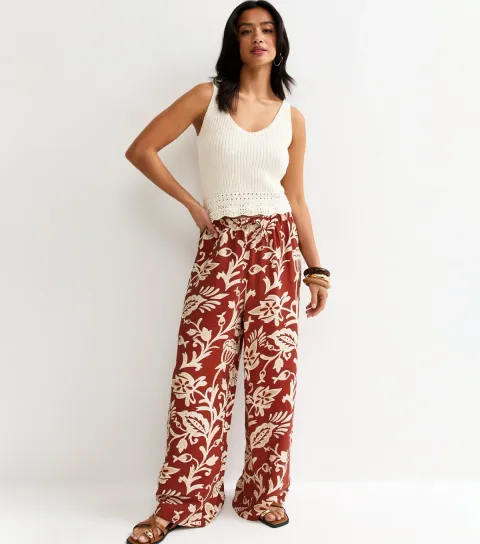 Women's Petite Red Floral Drawstring Wide Leg Trousers