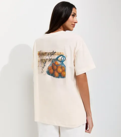 Women's Off White Cotton Orange Print Oversized T-Shirt
