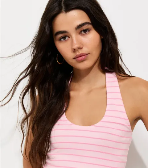 Women's Pink Cotton Rich Striped Scoop Halter Neck Top