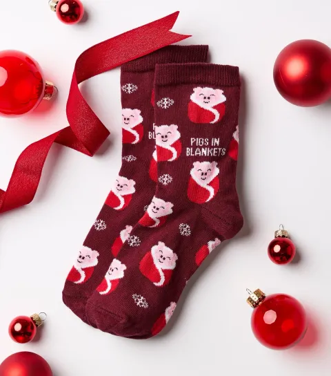 New Look Dark Burgundy Cotton Rich Christmas Pigs In Blankets Ankle Socks